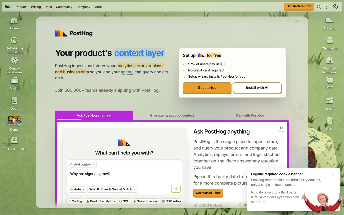 PostHog's homepage at desktop width, first viewport